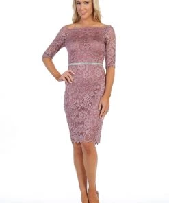 Short Off Shoulder Lace Dress With Beaded Waist By Celavie 6390S Prom