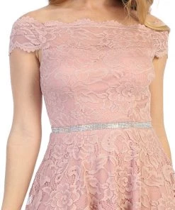 Short Off Shoulder Lace Dress With Beaded Waistband By Celavie 6457