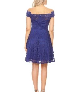 Short Off Shoulder Lace Dress With Beaded Waistband By Celavie 6457