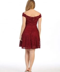 Short Off Shoulder Lace Dress With Beaded Waistband By Celavie 6457