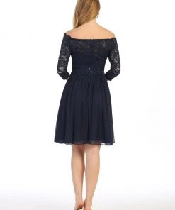 Short Off Shoulder Lace Dress With Long Sleeves By Celavie 6468S