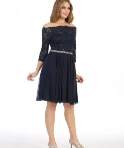 Short Off Shoulder Lace Dress With Long Sleeves By Celavie 6468S