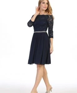 Short Off Shoulder Lace Dress With Long Sleeves By Celavie 6468S
