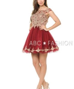 Lenovia Short Off The Shoulder Dress With Gold Lace Appliques