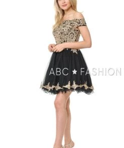 Lenovia Short Off The Shoulder Dress With Gold Lace Appliques