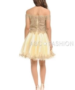 Lenovia Short Off The Shoulder Dress With Gold Lace Appliques