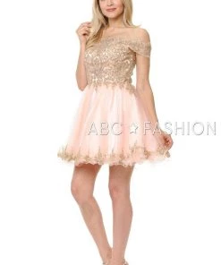 Lenovia Short Off The Shoulder Dress With Gold Lace Appliques