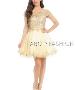 Lenovia Short Off The Shoulder Dress With Gold Lace Appliques