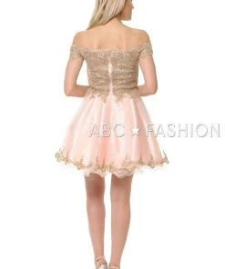 Lenovia Short Off The Shoulder Dress With Gold Lace Appliques