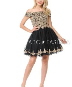 Lenovia Short Off The Shoulder Dress With Gold Lace Appliques