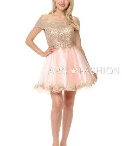 Lenovia Short Off The Shoulder Dress With Gold Lace Appliques