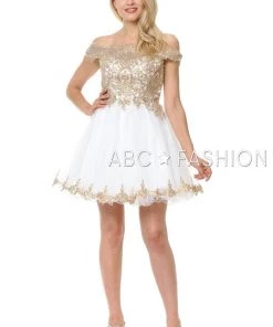 Lenovia Short Off The Shoulder Dress With Gold Lace Appliques