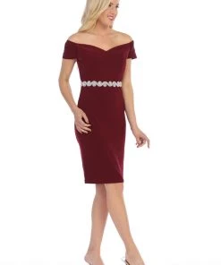 Short Off The Shoulder Dress With Jeweled Waistband By Celavie 6292-S 14 Short Off The Shoulder Dress With Jeweled Waistband By Celavie 6292-S