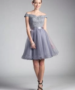 Short Off Shoulder Dress With Lace Top By Cinderella Divine 1021