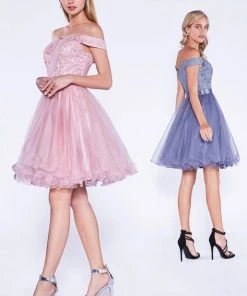 Short Off Shoulder Dress With Lace Top By Cinderella Divine 1021