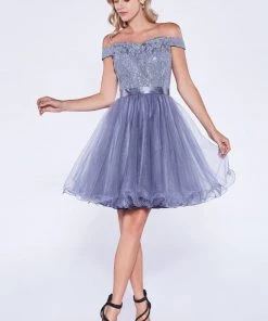 Short Off Shoulder Dress With Lace Top By Cinderella Divine 1021