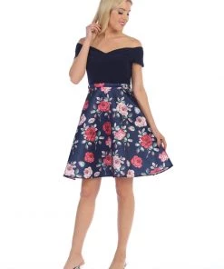 Short Off The Shoulder Dress With Print Skirt By Celavie 6308 Prom