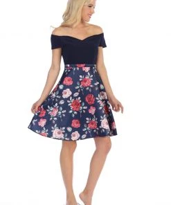 Short Off The Shoulder Dress With Print Skirt By Celavie 6308 Prom