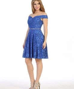 Short Off The Shoulder Floral Lace Dress By Celavie 6409S