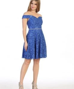 Short Off The Shoulder Floral Lace Dress By Celavie 6409S