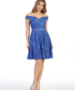 Short Off The Shoulder Floral Lace Dress By Celavie 6409S