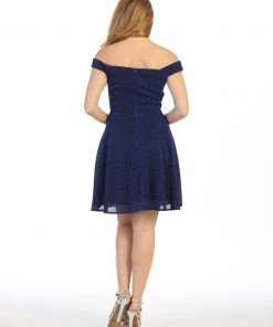 Short Off The Shoulder Metallic Glitter Dress By Celavie 6402S
