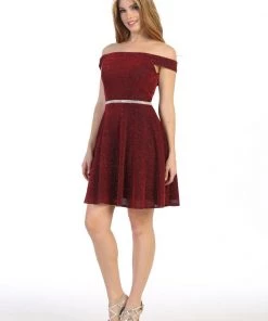 Short Off The Shoulder Metallic Glitter Dress By Celavie 6402S
