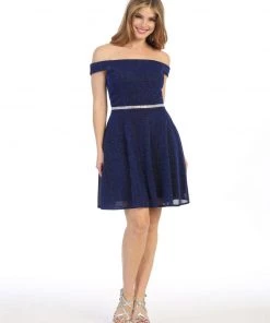 Short Off The Shoulder Metallic Glitter Dress By Celavie 6402S