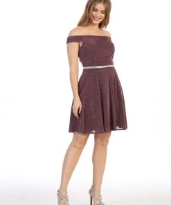 Short Off The Shoulder Metallic Glitter Dress By Celavie 6402S