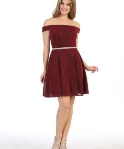 Short Off The Shoulder Metallic Glitter Dress By Celavie 6402S