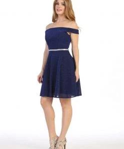 Short Off The Shoulder Metallic Glitter Dress By Celavie 6402S