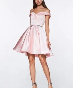 Prom Short Off Shoulder Satin Dress By Cinderella Divine CD0140 26 Prom Short Off Shoulder Satin Dress By Cinderella Divine CD0140