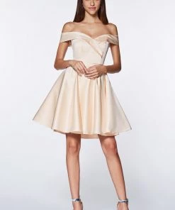 Prom Short Off Shoulder Satin Dress By Cinderella Divine CD0140 28 Prom Short Off Shoulder Satin Dress By Cinderella Divine CD0140