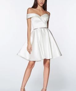 Prom Short Off Shoulder Satin Dress By Cinderella Divine CD0140 23 Prom Short Off Shoulder Satin Dress By Cinderella Divine CD0140