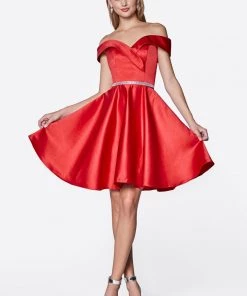 Prom Short Off Shoulder Satin Dress By Cinderella Divine CD0140 20 Prom Short Off Shoulder Satin Dress By Cinderella Divine CD0140
