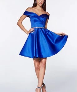 Prom Short Off Shoulder Satin Dress By Cinderella Divine CD0140 29 Prom Short Off Shoulder Satin Dress By Cinderella Divine CD0140