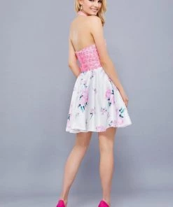 Short Pink Floral Print Dress With Applique By Nox Anabel 6226 Prom