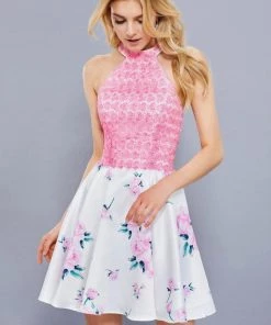 Short Pink Floral Print Dress With Applique By Nox Anabel 6226 Prom