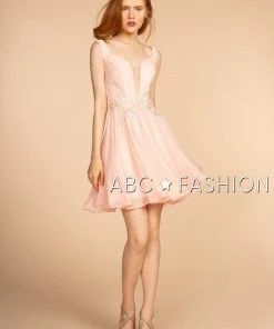 Prom Short Pink V-Neck Dress With Embellished Waist By Elizabeth K GS1617