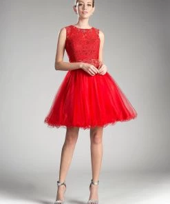 Short Ruffled Dress With Lace Bodice By Cinderella Divine CD0117 Prom