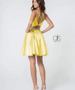Short Satin Deep V-Neck Dress By Elizabeth K GS2843 Prom
