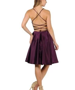 Prom Short Satin Dress With Caged Open Back By Poly USA 9064 16 Prom Short Satin Dress With Caged Open Back By Poly USA 9064