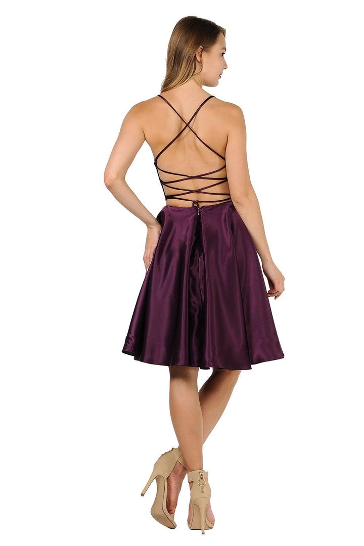 Prom Short Satin Dress With Caged Open Back By Poly USA 9064 5 Prom Short Satin Dress With Caged Open Back By Poly USA 9064