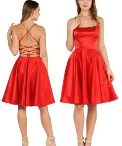 Prom Short Satin Dress With Caged Open Back By Poly USA 9064 17 Prom Short Satin Dress With Caged Open Back By Poly USA 9064