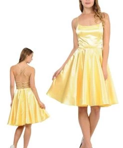 Prom Short Satin Dress With Caged Open Back By Poly USA 9064 24 Prom Short Satin Dress With Caged Open Back By Poly USA 9064
