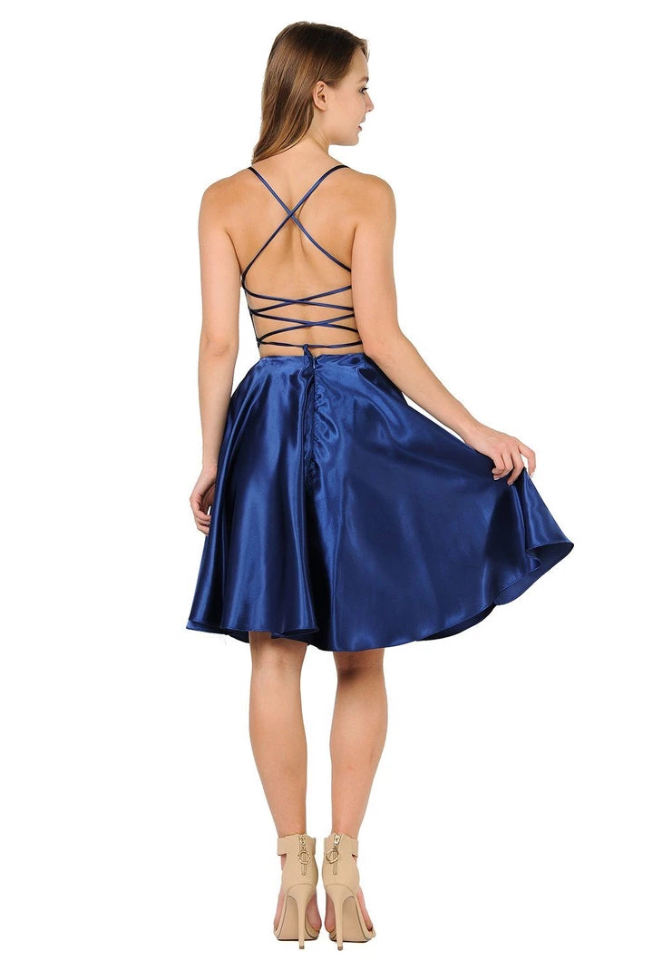 Prom Short Satin Dress With Caged Open Back By Poly USA 9064 10 Prom Short Satin Dress With Caged Open Back By Poly USA 9064