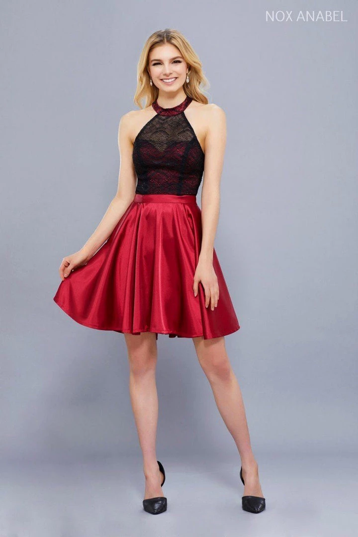 Short Satin Halter Dress With Lace Bodice By Nox Anabel 6217 7 Short Satin Halter Dress With Lace Bodice By Nox Anabel 6217