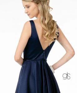 Short Satin V-Neck Dress With Pockets By Elizabeth K GS2854 Prom
