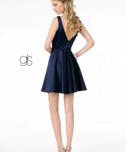 Short Satin V-Neck Dress With Pockets By Elizabeth K GS2854 Prom