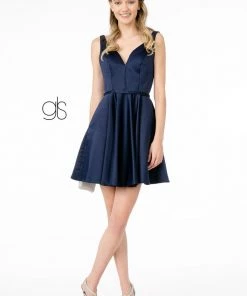 Short Satin V-Neck Dress With Pockets By Elizabeth K GS2854 Prom